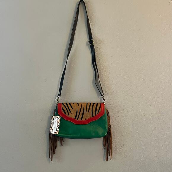Folklore Couture Crossbody Bag Green Leather Tiger Print Red Fringe Boho Western - Picture 3 of 6